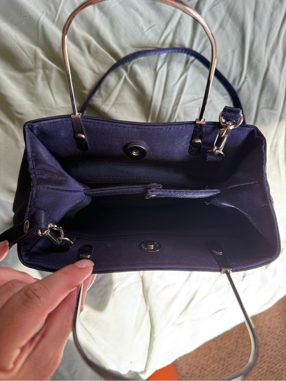 Structured Navy Shoulder Bag with Silver Tone Handles - Picture 7 of 9
